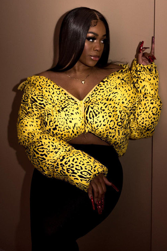 Yellow Leopard Print Cropped Puffer Jacket S / Coats & Jackets