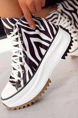 Zebra Platform Lace Up Canvas Shoes Black And White / 4.5